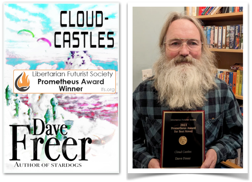 Cover of Cloud Castles on left and Dave Freer on right with 2022 Prometheus Award